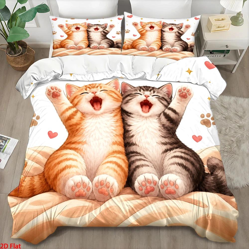 Home Decor Minimalist Style - 3-delige dekbedovertrekset met schattige kattenprint, driedelige