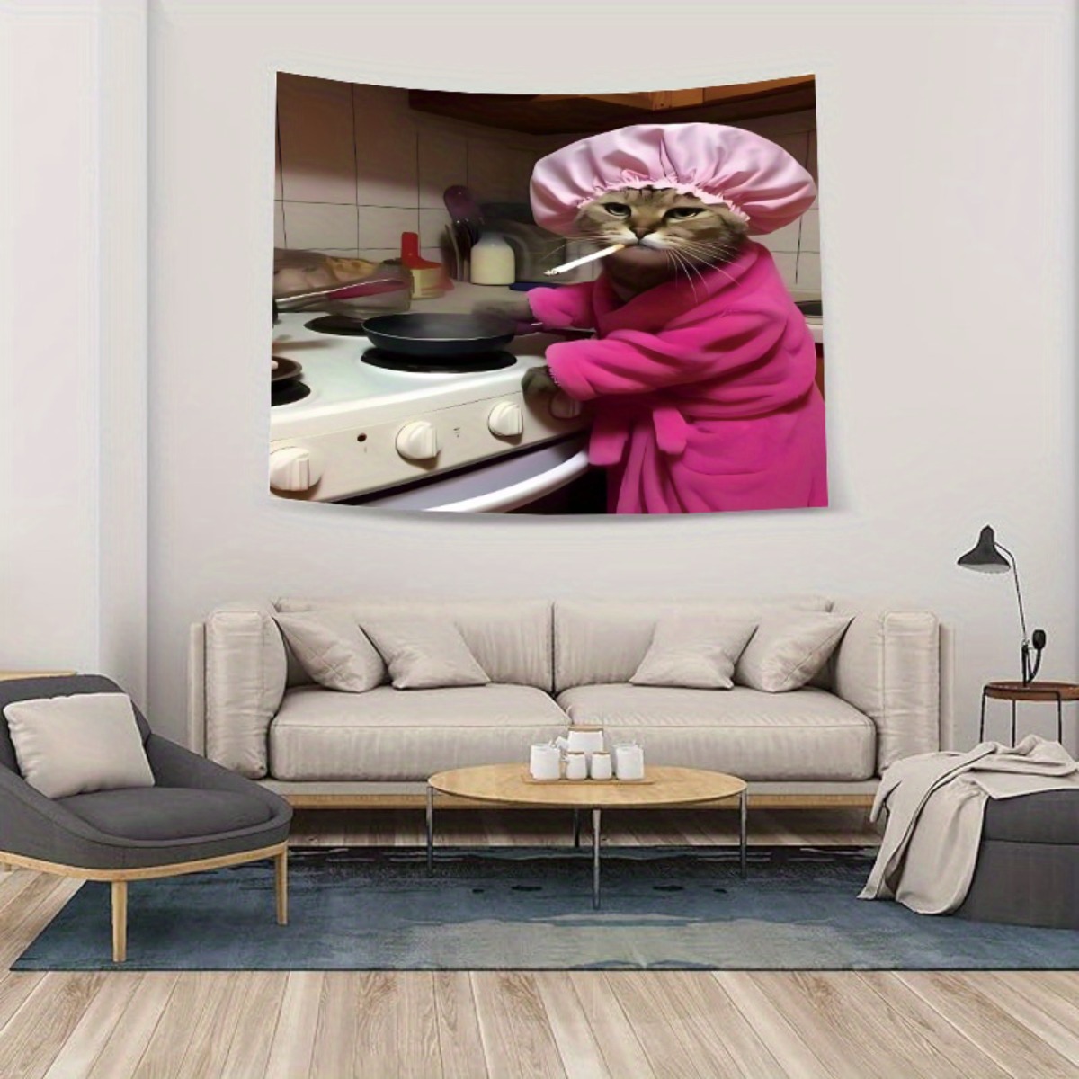 Home Decor Minimalist Style - Cat Chef Pink Robe Wandtapijt Grappig