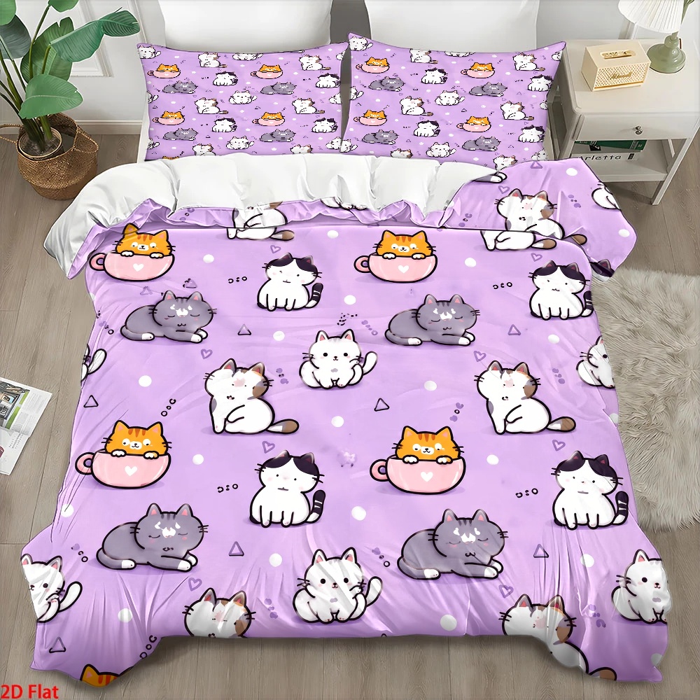 Home Decor Minimalist Style - 3-delige dekbedovertrekset met schattige kattenprint, driedelige